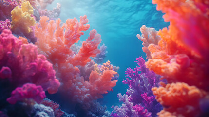Vibrant coral reef underwater with colorful coral and blue water.