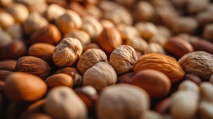 A close-up view of a bountiful harvest of walnuts. It represents the abundance of nature and the concept of a successful agricultural harvest