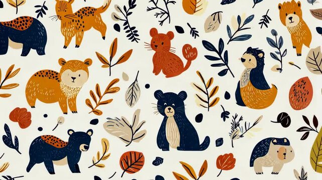 A cute pattern featuring bears, foxes, and other woodland creatures surrounded by leaves and branches