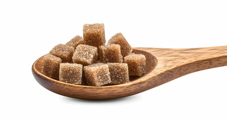 Close-up of brown sugar cubes in a wooden spoon.
