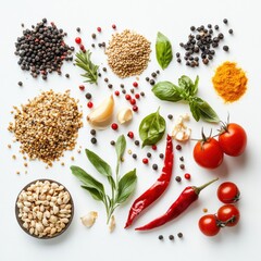 An overhead view of a creative arrangement of various colorful spices, herbs, and fresh vegetables on a white background. It represents the rich flavors and aromas of cooking
