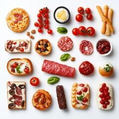 A vibrant flat lay of a variety of party appetizers on a bright white background. The image showcases small, savory snacks perfect for a social event or celebration