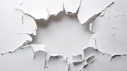A hole in a white surface with cracked edges.