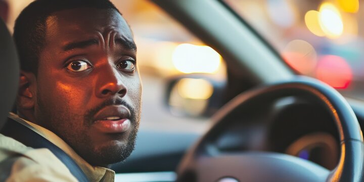 A close-up of an african driver sitting in their car with a frustrated expression