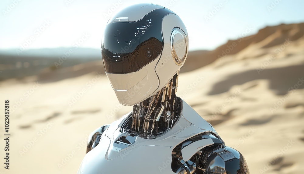 Poster robotic systems engineering showcases advanced humanoid robot development in a desert landscape