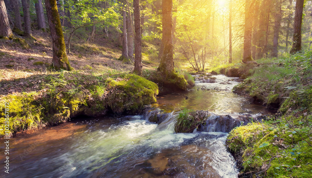 Aufkleber a tranquil forest stream flows gently, illuminated by warm sunlight filtering through tall trees in 