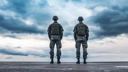 Two soldiers in camouflage gear standing on paved surface under cloudy sky