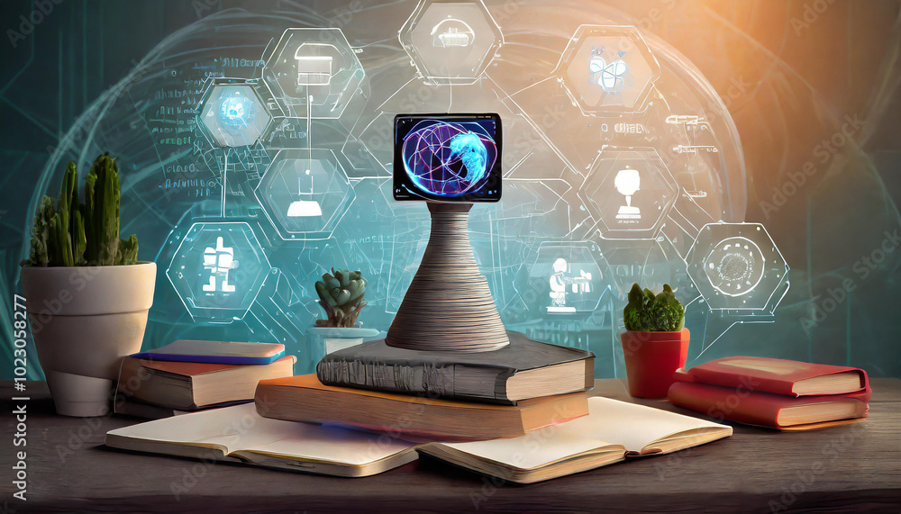 Aufkleber a futuristic desk with stacked books and a digital screen showcasing technology and data analysis