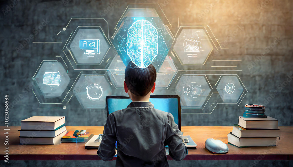 Poster young student engages with futuristic technology in a study environment, exploring digital learning 