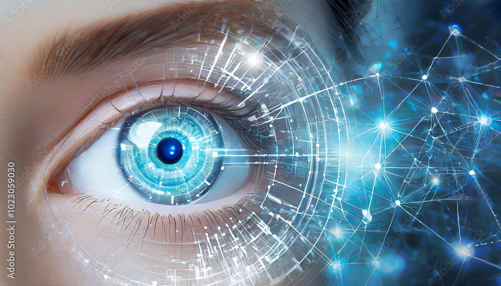 Aufkleber a close-up view of a blue digital eye design with intricate patterns and glowing connections symboli