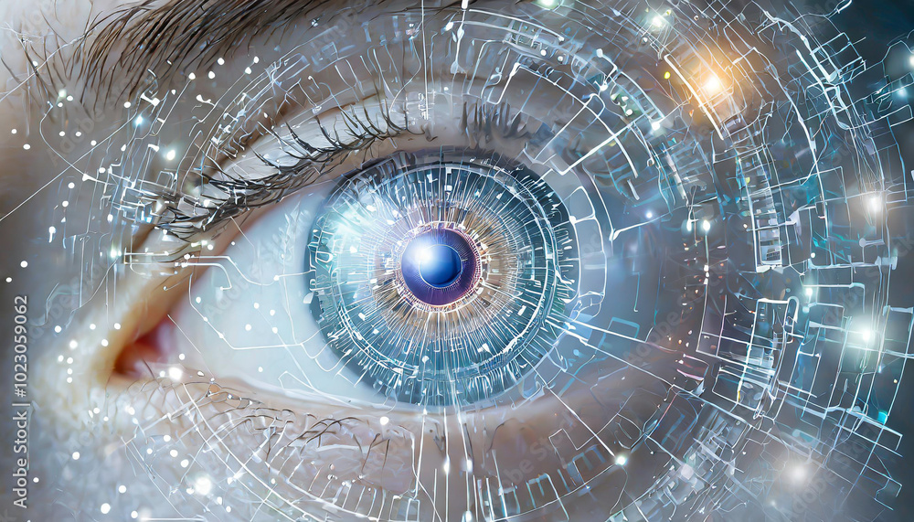 Poster an abstract representation of a digital eye with intricate circuits and glowing elements highlightin
