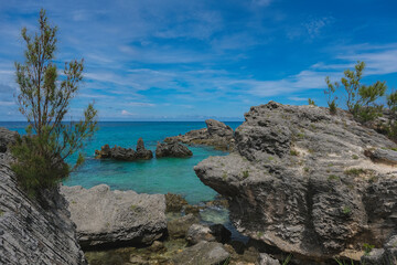 Fototapeta premium Tropical paradise Caribbean white sandy beach laguna luxury resort refuge hideaway getaway Bermuda island for deluxe dream holiday vacation picturesque landscape seascape scenery