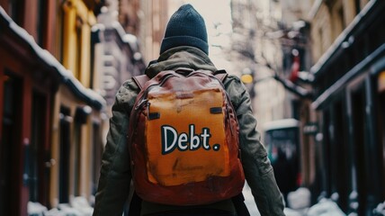 Person carrying backpack with "Debt" on it in city street