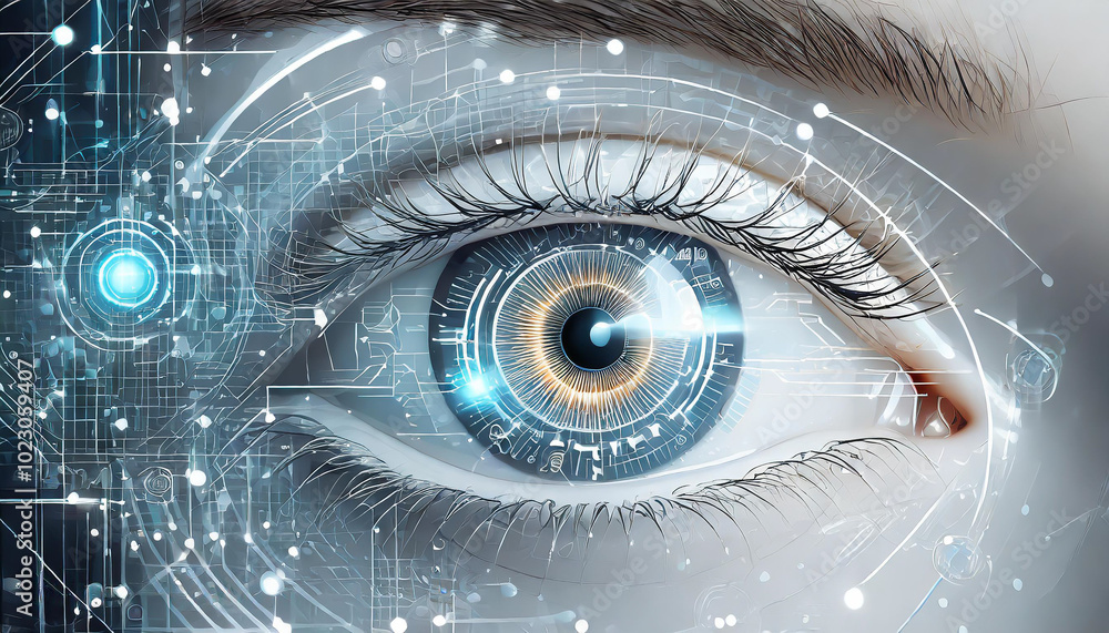 Aufkleber close-up of a human eye with digital elements representing technology and innovation, showcasing adv