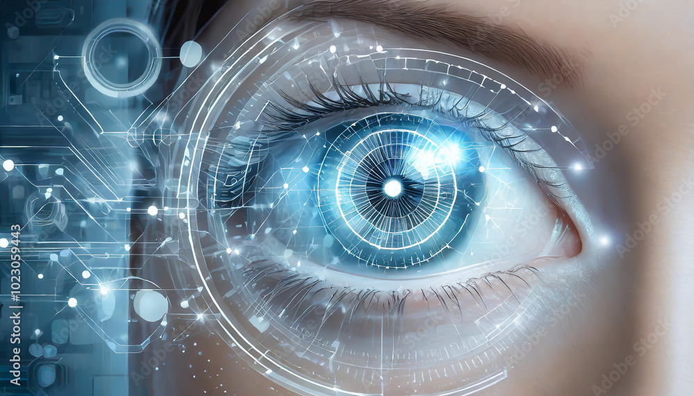 Aufkleber a close-up view of a human eye with digital interface elements showcasing technology and connectivit
