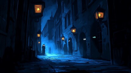 Fototapeta premium A dark cartoon-style alleyway, illuminated by flickering street lamps. Shadows move along the walls, and lurking figures with glowing eyes peek out from the corners. Fog rolls along the ground,