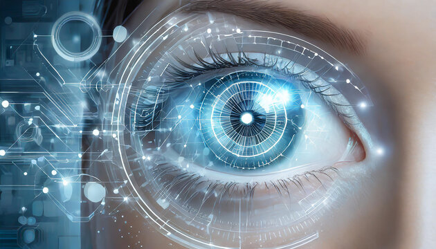 A close-up view of a human eye with digital interface elements showcasing technology and connectivity in a futuristic setting