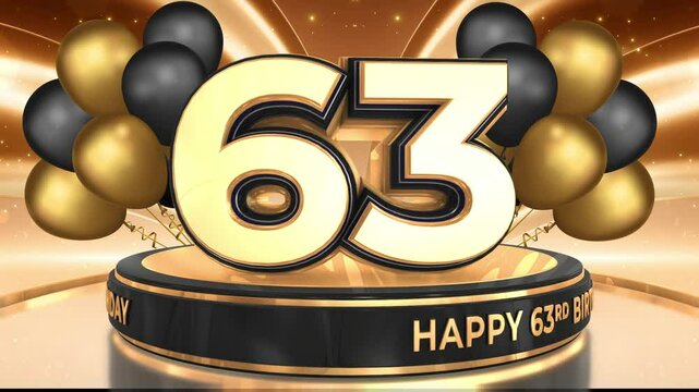 63 years, 63rd birthday loop, looped video background, backdrop in 3D Gold with balloons
