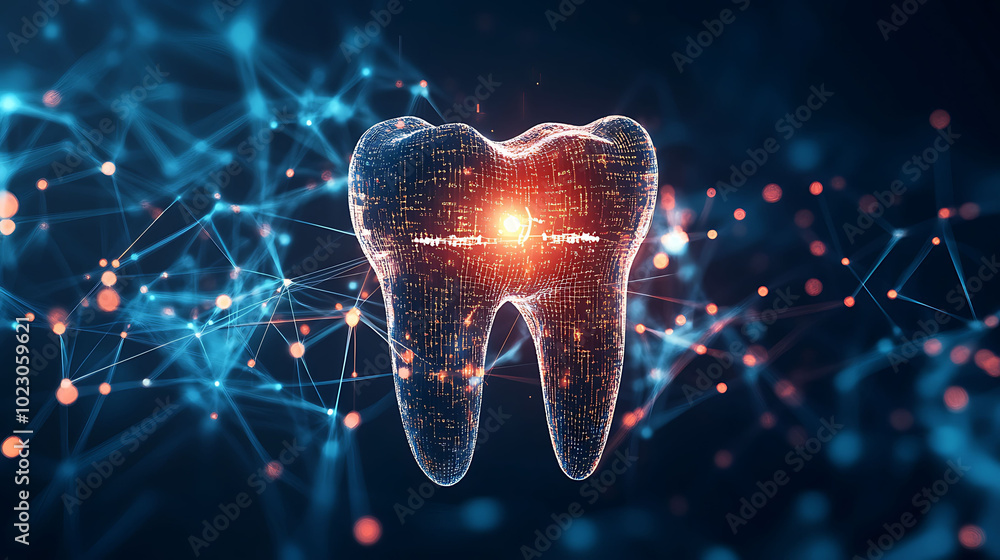 Aufkleber digital representation of a tooth with glowing particles and lines.