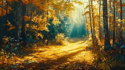 Sunbeams Illuminating a Golden Path Through an Autumn Forest