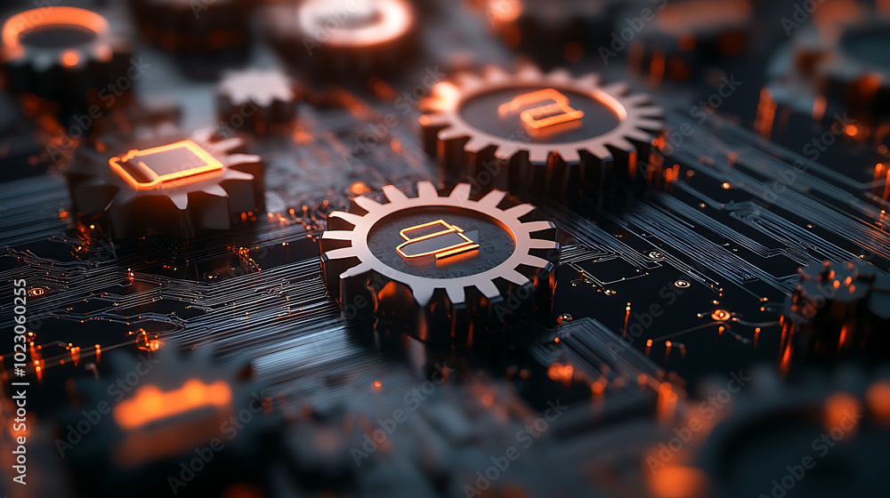 Poster close-up of metallic gears with data symbols on a circuit board.