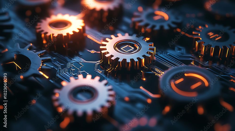 Aufkleber close-up of metallic gears on a circuit board, illuminated with warm light, symbolizing technologica