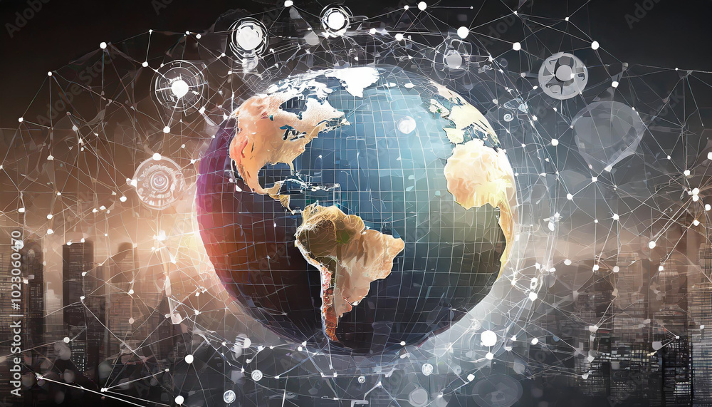 Poster a global network visualization illustrating interconnected data points and the earth against a city 
