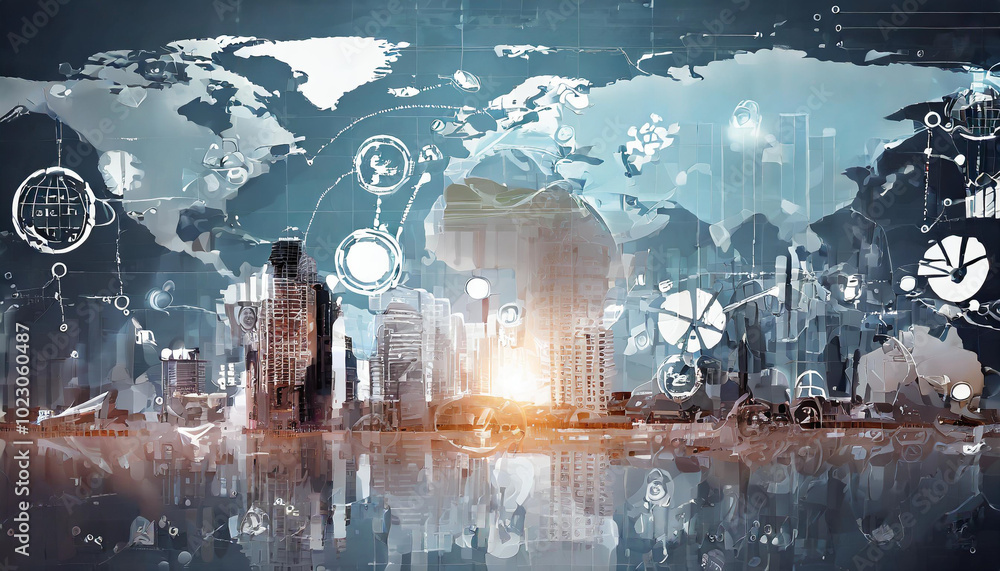 Poster digital world map overlaying a modern city skyline at sunset with technology and data visualization 