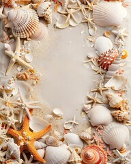 Fototapeta premium Seashell and Coral Ocean Themed Border Frame on Sandy Beach Background