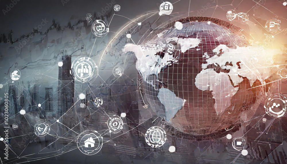 Poster global connectivity and technology integration represented through a digital world map and interconn