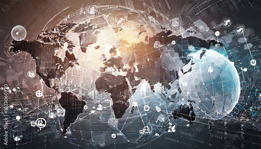 Poster a global network illustration showcasing connections and data flow across continents with a glowing 