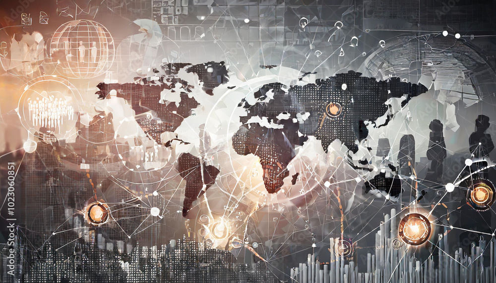 Poster a digital world map with technological and human connectivity graphics illustrating global interacti