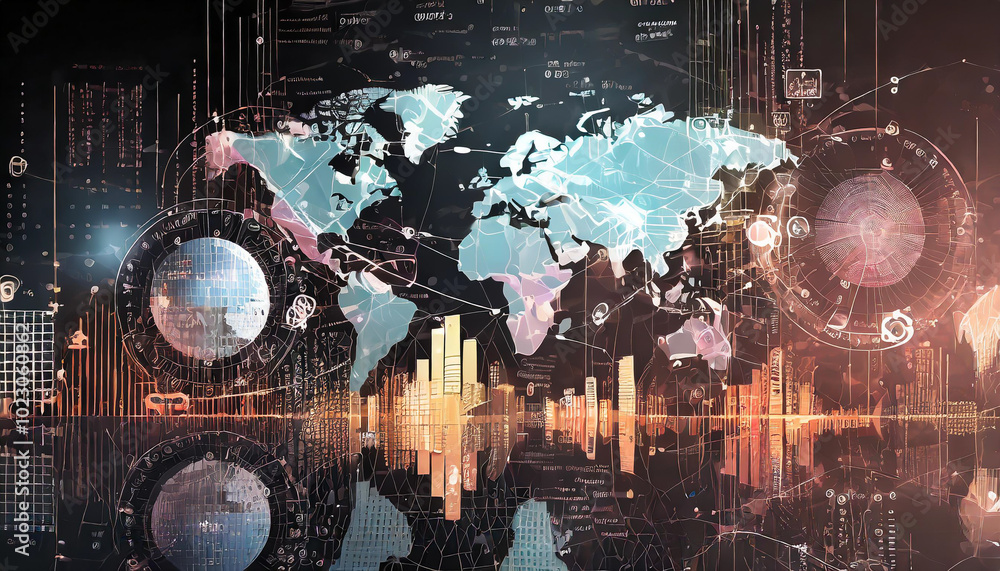 Poster a digital map of the world with graphs, data visualizations, and futuristic elements showcasing glob