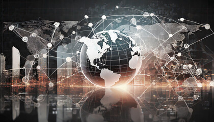 Global connectivity concept with a digital globe overlay illuminated by city lights at dusk representing technological progress