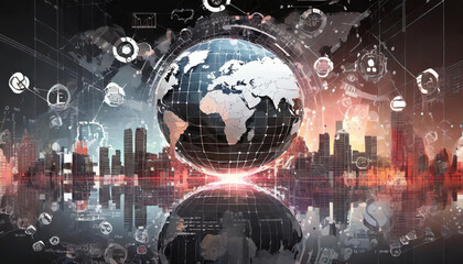 Digital representation of a globe surrounded by technology-themed icons and a city skyline at dusk