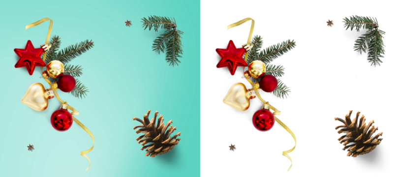 art Christmas tree branch and pine cone and Christmas decoration. Holidays design element isolated on transparent background. True neutral soft sheer shadow