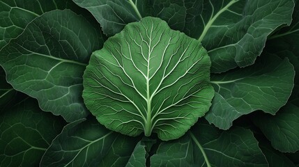 Fototapeta premium Close-up view of fresh green cabbage leaves with detailed vein patterns and rich textures creating a natural and organic background.