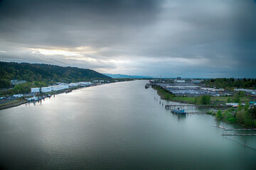 Beautiful view of Willamette River near North Portland, Oregon, captured from St. Johns bridge