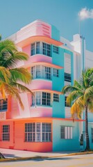 Colorful art deco buildings line a city street, painted in turquoise, pink, and white. Palm trees frame the scene against a clear blue sky, giving a vibrant daytime feel.