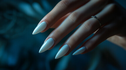 Elegant hand pose with almond-shaped white nails, fingers slightly curled, photographed from a side angle