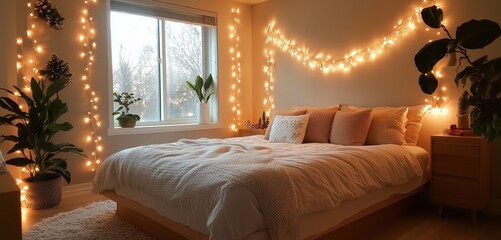 Cozy bedroom featuring soft Christmas lights and neutral tones