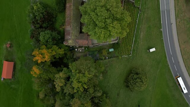 Bird's eye view drone shot of magnificent Oron Castle in Vaud Switzerland