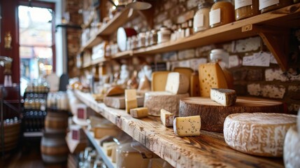 Artisanal cheeses displayed on rustic wooden shelves in a charming shop.