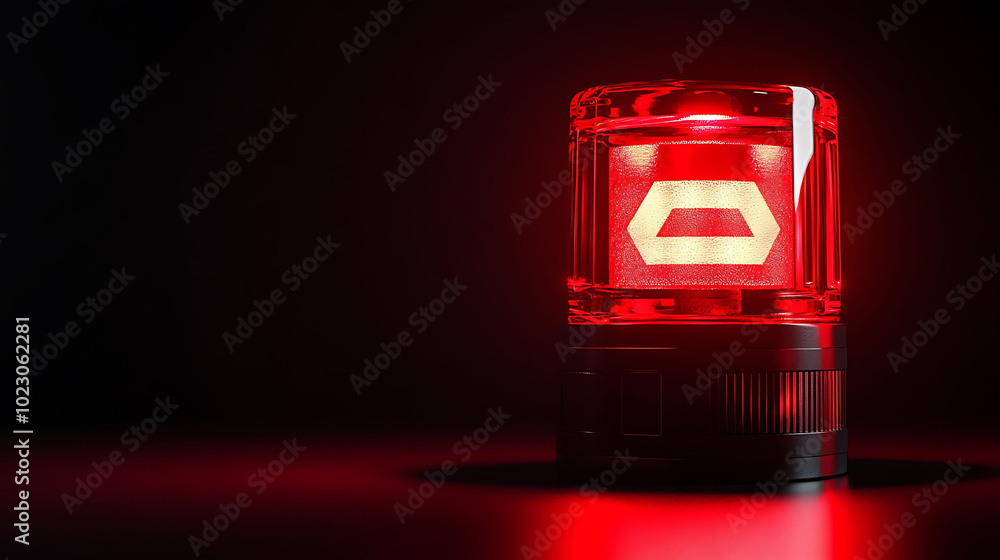 Poster a red alarm light with a hexagonal shape glows in the dark, emitting a bright red light.