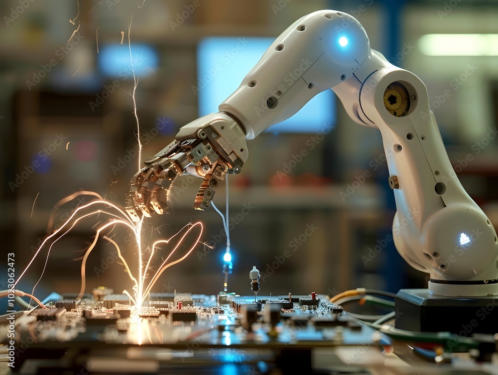 Poster robotic arm assembling a circuit with visible electric flow