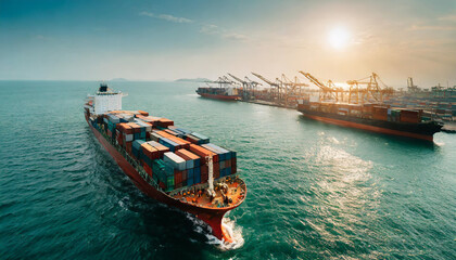Cargo ship navigating busy harbor at sunset, surrounded by container vessels and cranes in a bustling port