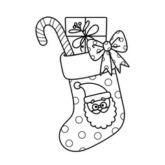 Isolated outline Christmas stocking with picture Santa Claus. Contour cartoon Xmas sock with gift box, candy cane. Coloring page. Black and white vector illustration. Perfect for winter holiday design