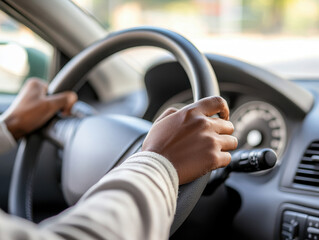 Person driving a car with hands on the steering wheel