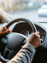Driver holding the steering wheel while navigating through traffic