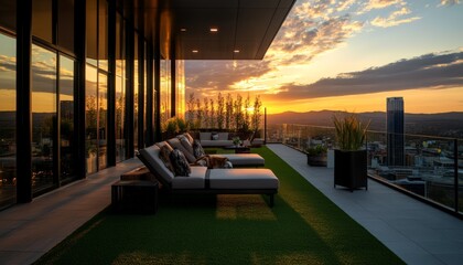 Fototapeta premium luxurious modern rooftop terrace with sunset city view